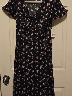 Lucky Brand Black Floral Midi Dress with Pink and Cream Flowers